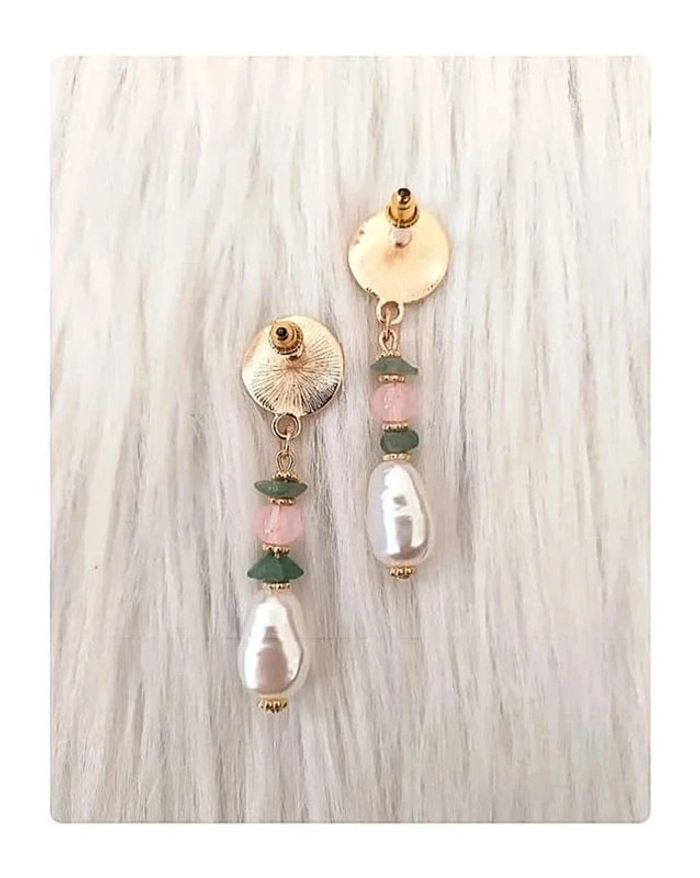💖 Boucles d'oreilles pendantes perle ovale et pierres naturelles style vintage classique chic - photo numéro 2