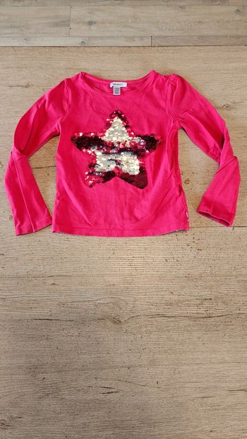 T shirt à manches longues fushia, avec étoile en sequins, Okaïdi, 6 ans, nickel