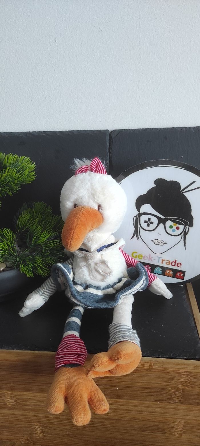 Peluche doudou cigogne oiseau Bukowski blanc bleu vert rouge rayé 30 cm Oiseau