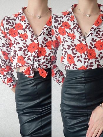 Chemisier blanc fleur rouge feuille bordeaux / Pimkie Collection - 38/M