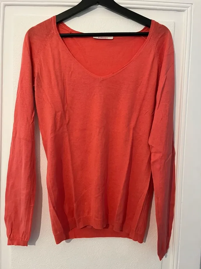 Pull fin col v orange femme Camaïeu