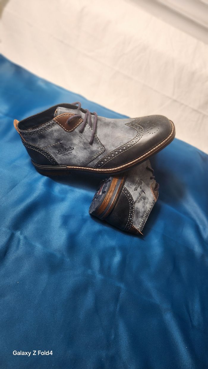 🌹👟pièce unique : bottines chukka rieker style brogue cuir bleu & marron - pointure 40 - photo numéro 4