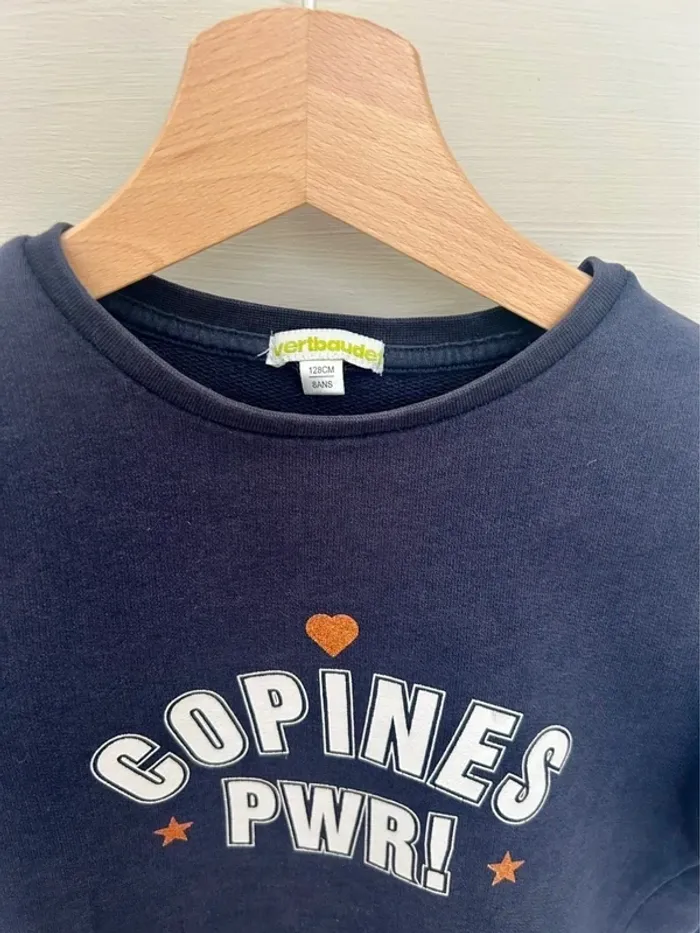 Pull sweat bleu foncé bande de copine Vertbaudet taille 8 ans - photo numéro 4