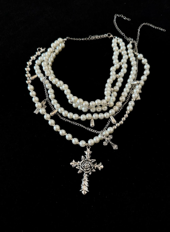 Pearl Cross Rose Layered Necklace Gothic Elegant