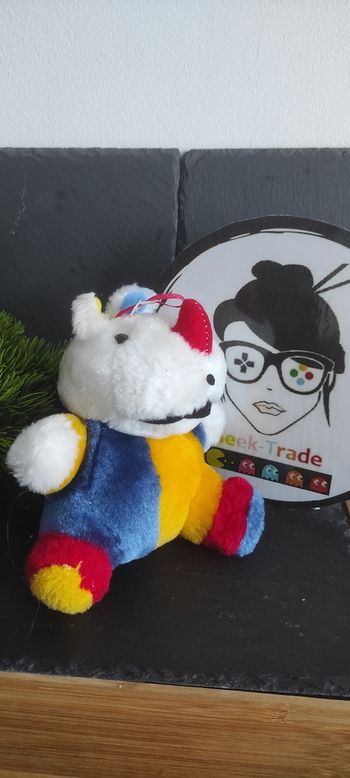 peluche rhinocéros clown blanc bleu rouge  jaune  bille noir marron ancien neuf doudou