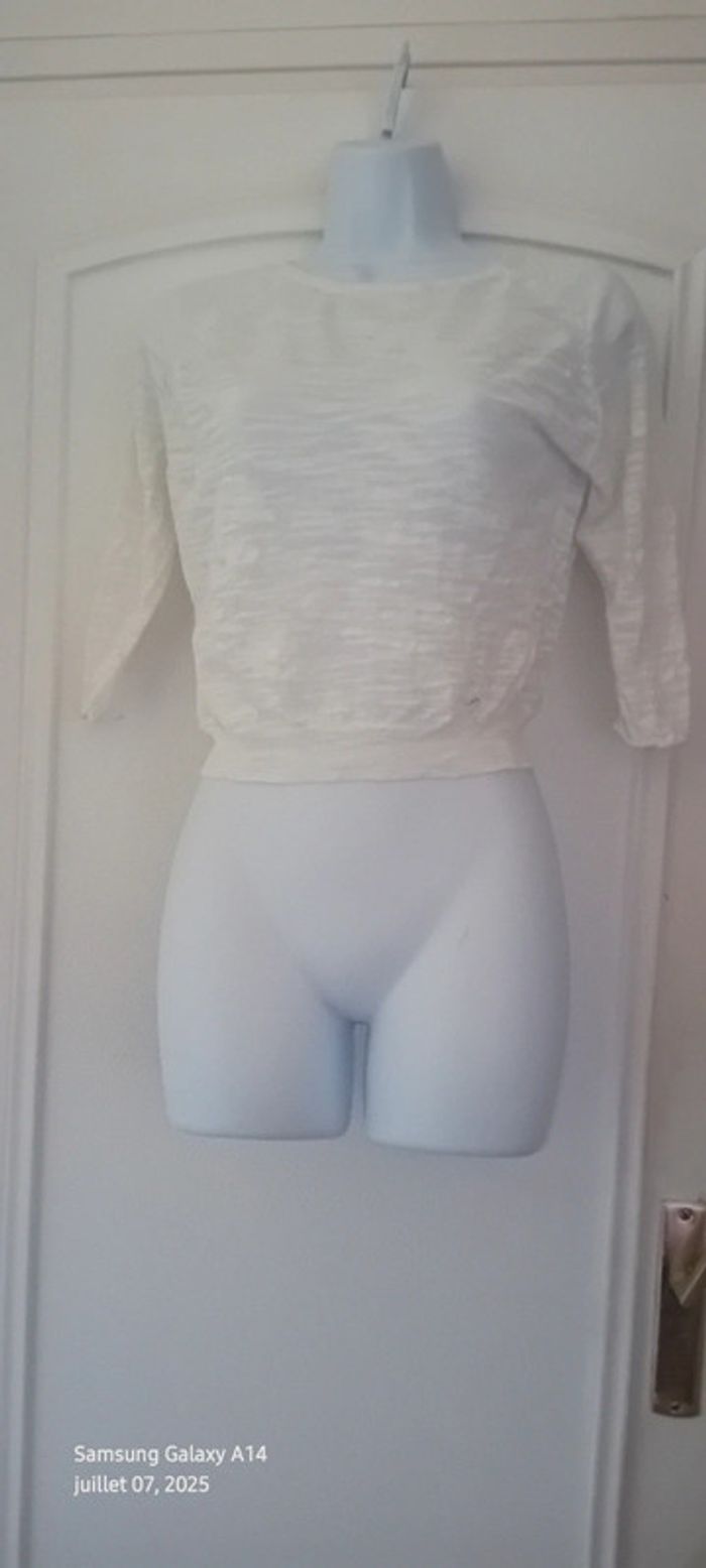Pull court léger manches 3/4 forme trapèze blanc femme XS kocca - photo numéro 12
