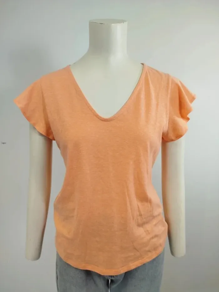 T-shirt corail fluide col V avec dos ajouré style bohème chic manches volantées femme M A967 - photo numéro 5