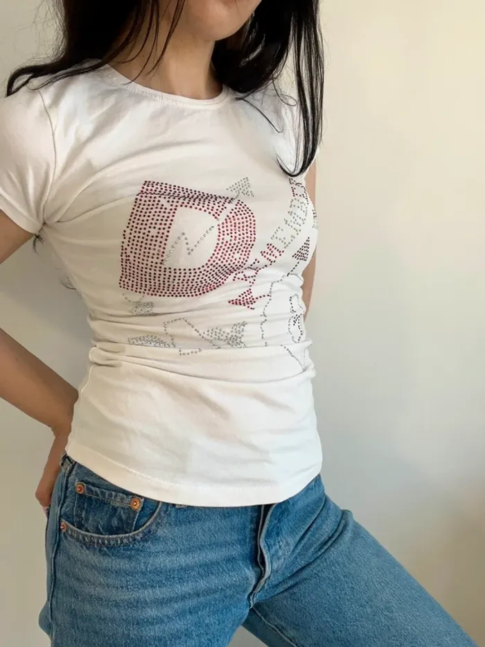 Tee-shirt y2k blanc à strass taille S - photo numéro 3