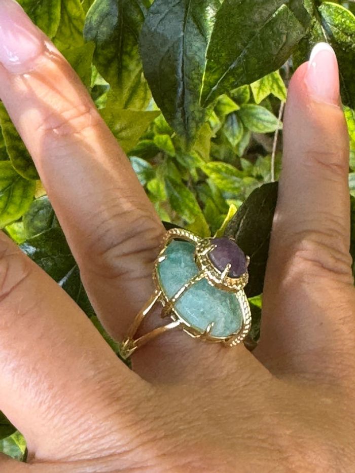 Grosse bague habaha Paris jade vert améthyste acier inoxydable or serti de zircons réglable - photo numéro 3