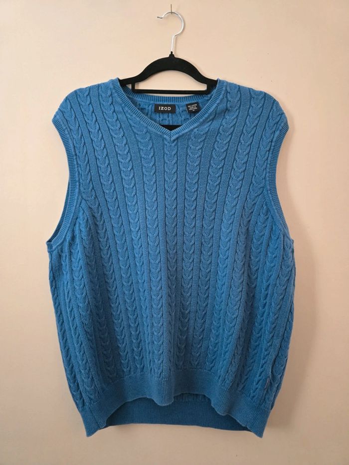Pull gilet chandail Izod bleu torsadé sans manches taille M