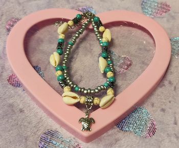 Bracelet de cheville double perles bleues et argentées coquillages et tortue argentée