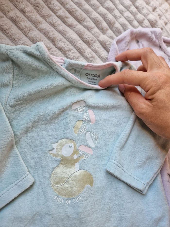 Lot de pyjamas bleu et rose bébé fille 3 mois obaïbi - photo numéro 2