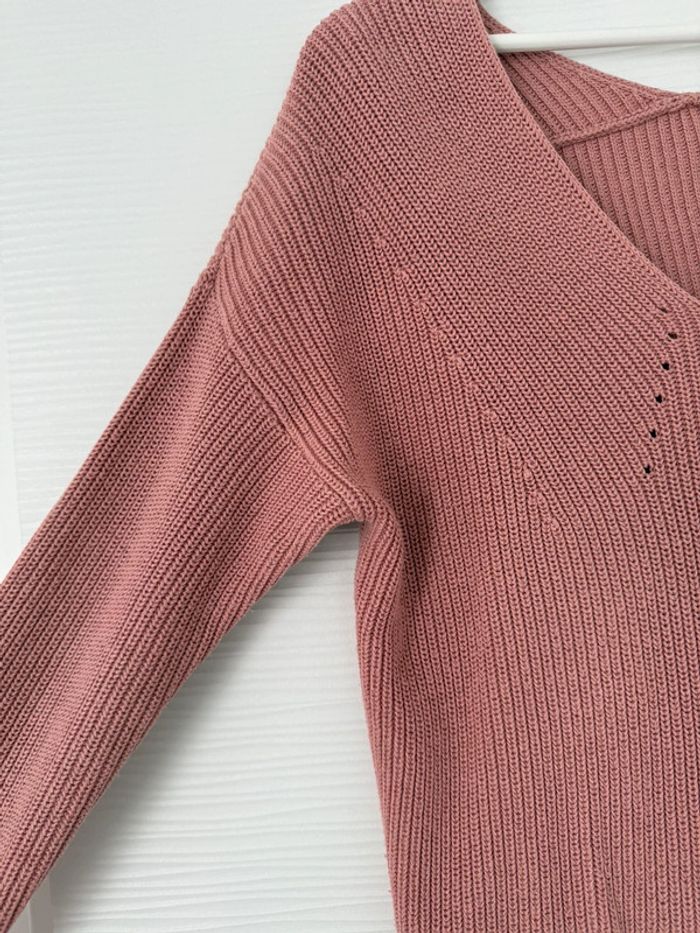 Pull d'hiver épais en maille rose poudré col V uni basique simple - photo numéro 3