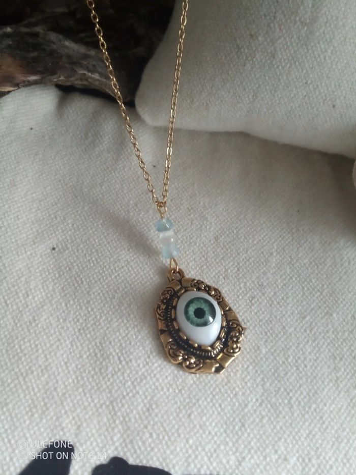 Collier oeil et pierres aigue marine et sélénite - photo numéro 2