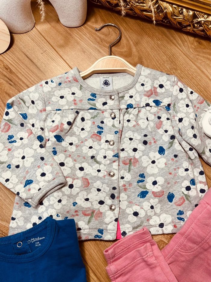 Taille 12 mois tenue 3p fille multimarque gris bleu rose * fleurs * 🎀 - photo numéro 2