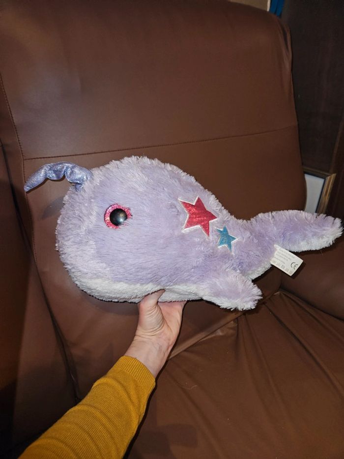 Peluche baleine licorne mauve et blanc +- 40 cm