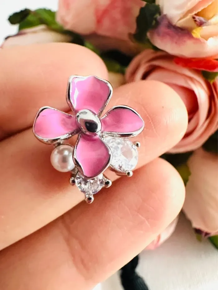 🌸Boucles d’oreilles faites main – fleur rose, petite perle & cristal - photo numéro 8