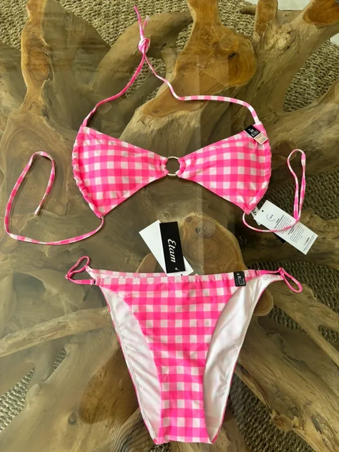 Maillot de bain 2 pièces Etam carreaux rose et blanc