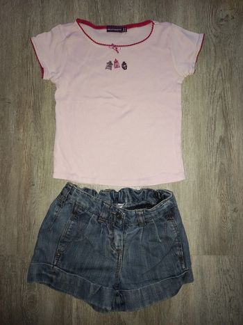 short en jeans et tee shirt rose taille 3 ans