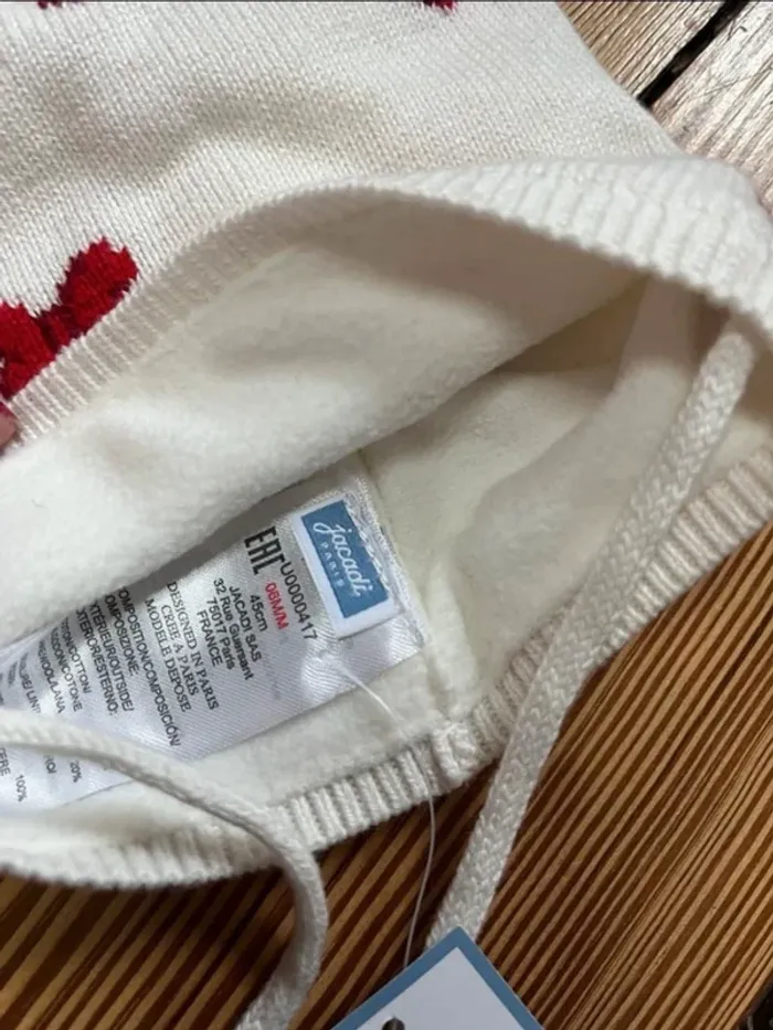 Bonnet crème et rouge Jacadi 45 cm neuf - photo numéro 2