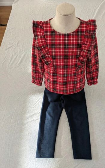 Ensemble fille 3 ans - Haut écossais rouge à volants + Legging texturé