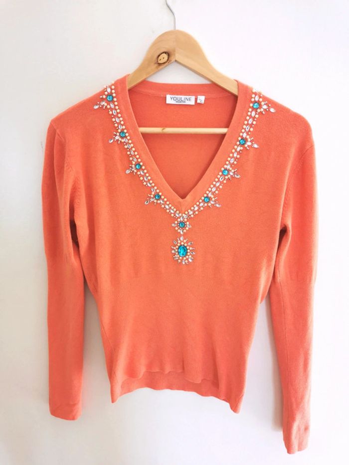 Pull bijoux strass mélange coton printemps été corail style vintage L 40