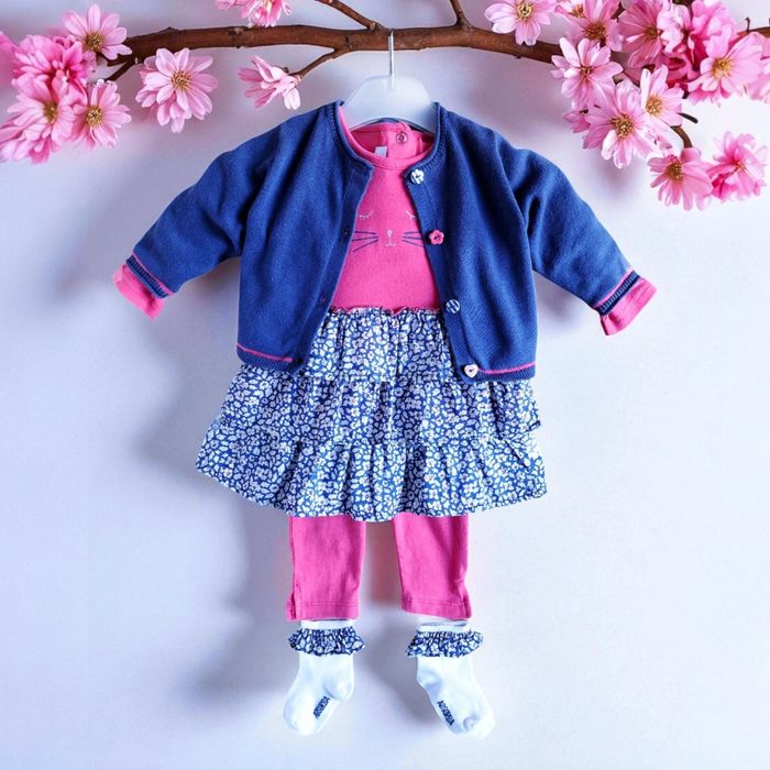 ABSORBA - NEW - ENSEMBLE 5P BÉBÉ FILLE MOTIF LIBERTY, VOLANTS & TÊTE DE CHAT 3M