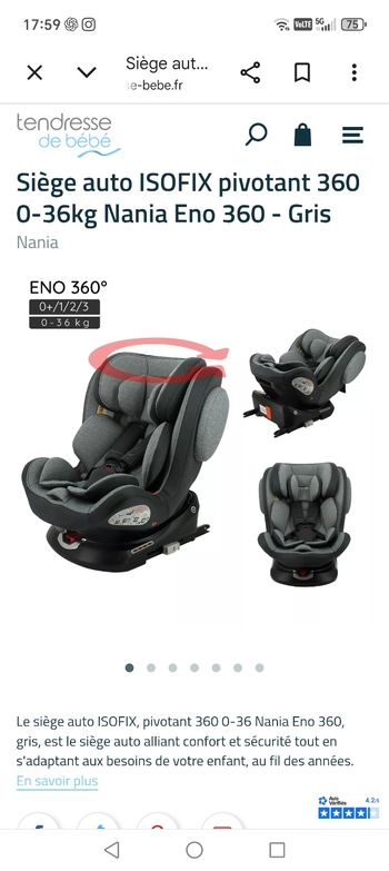 Siège auto ISOFIX pivotant 360 0-36kg Nania Eno 360 - Gris Nania