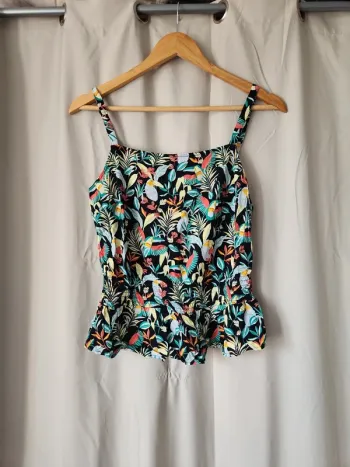 🌺Haut à bretelles noir motif tropical et coloré Cache Cache T36/S🌺