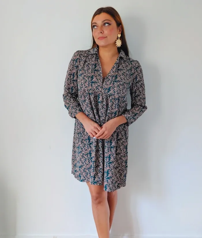 Robe courte trapèze vert foncé fleurie casual chic charlior taille 40