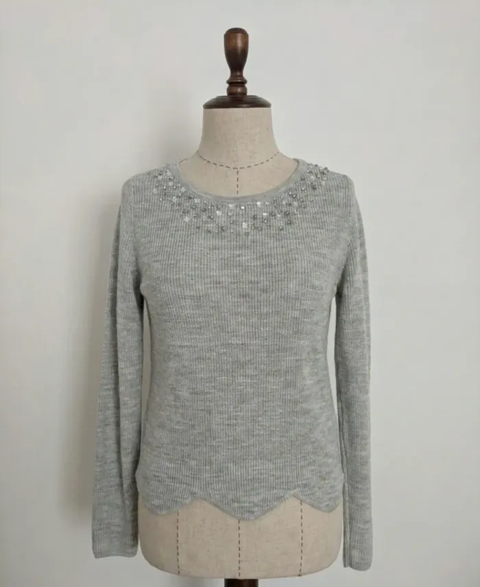 Pull gris perlé à bord festonné – Camaïeu – Taille S
