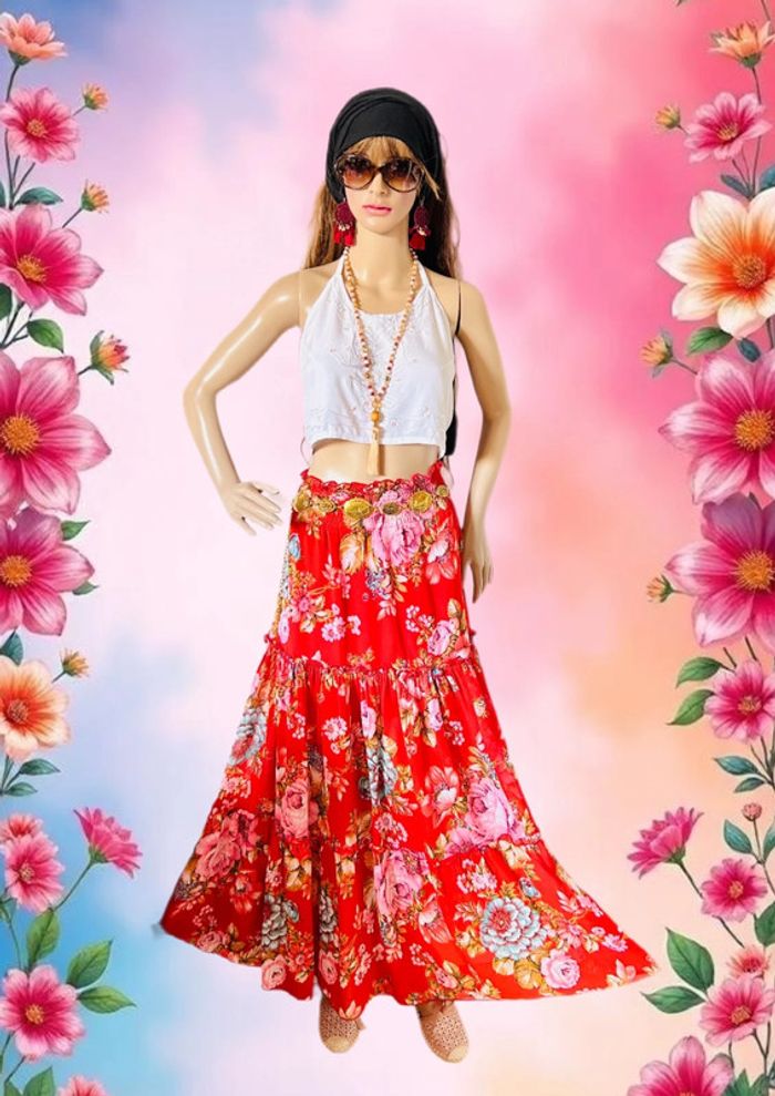 🌺 Longue jupe bohème fleurie hippie ROXY vintage 90s 00s gypsy long floral skirt🌺