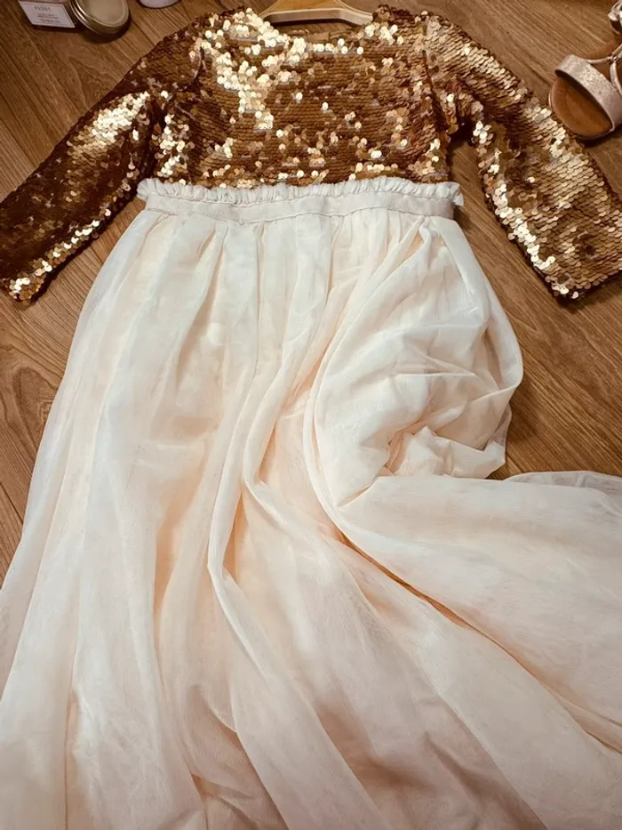 Taille 8 ans Robe longue créateur fille TAO crème bronze * sequins tulle * 💞 - photo numéro 4