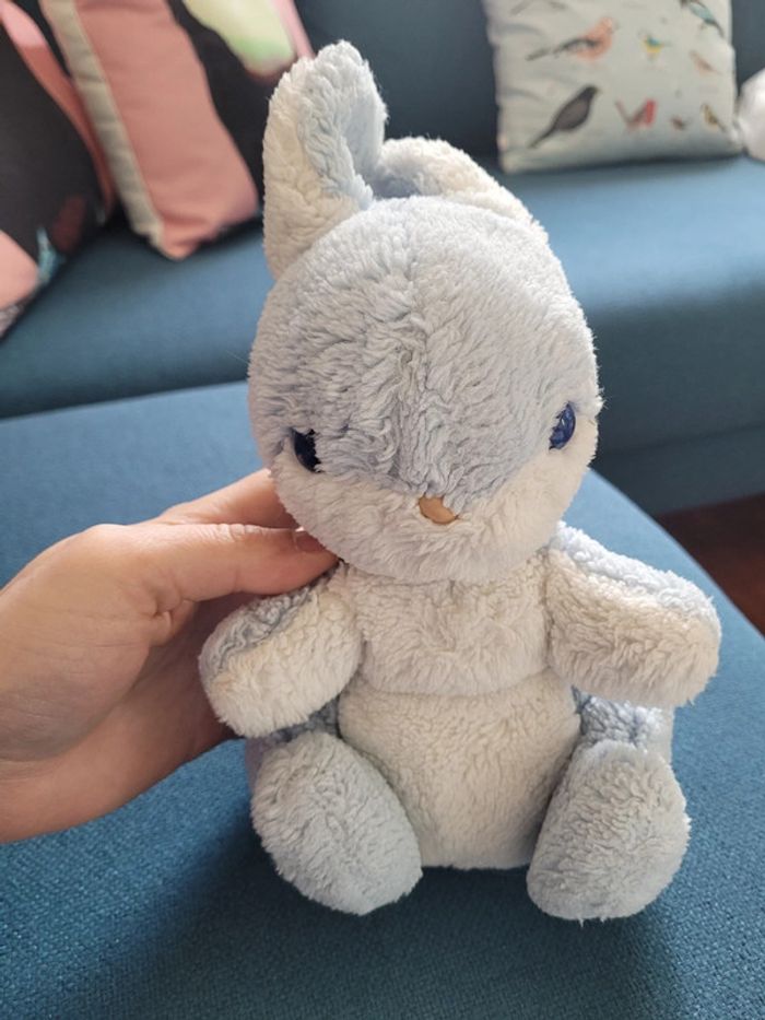 RARE Lapin assis bleu blanc Boulgom yeux bleu Made in France collection peluche doudou 26cm