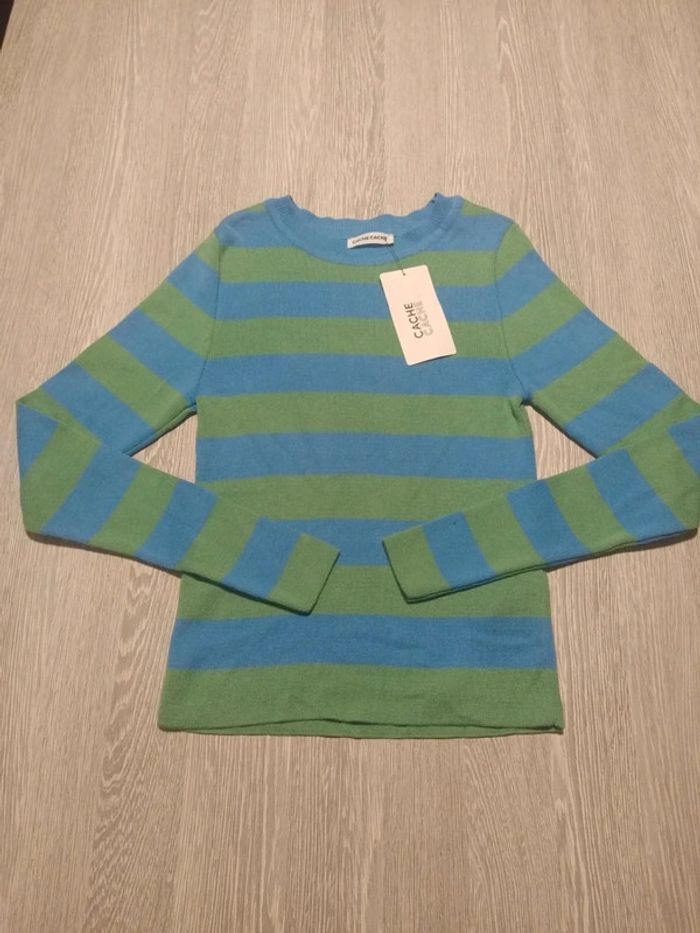 Pull fin cache cache a rayures bleu et vert taille M - photo numéro 2