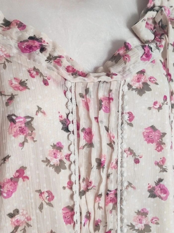 Chemisier bouffant volant écru fleur rose coquette / Vera Moda - 36/S - photo numéro 8