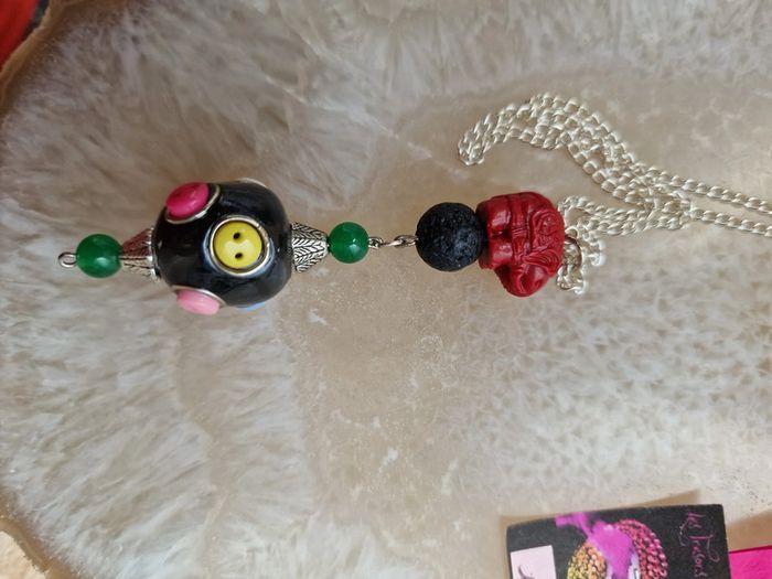 Collier Eléphant Perles Indonésienne Perle De Lave Jade - photo numéro 6