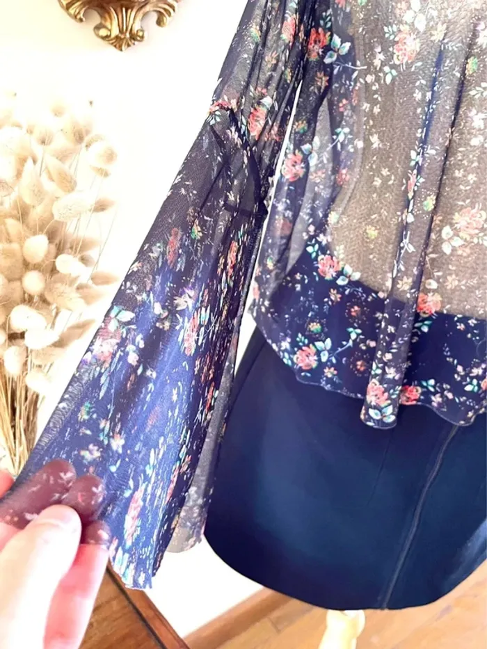 Sublime top fluide floral à manche large en tulle mango taille S - photo numéro 7