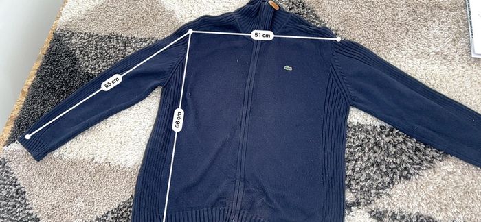 Pull zip full zip Lacoste bleu marine en coton en maille taille XXL style old money - photo numéro 12