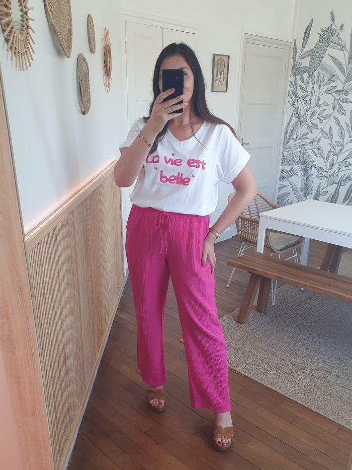 T-shirt La vie est belle blanc/fushia Taille unique - photo numéro 2