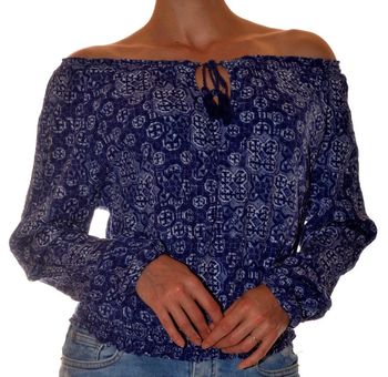 Blouse bleue à motif élastiquée manches longues taille S