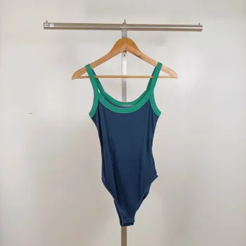 Body côtelé Monoprix Femme bleu marine liseré vert T.S bretelles larges coton stretch A1264