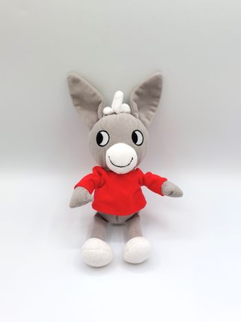 Doudou peluche âne Trotro AJENA Nounours gris blanc tee-shirt rouge 28 cm avec les oreilles