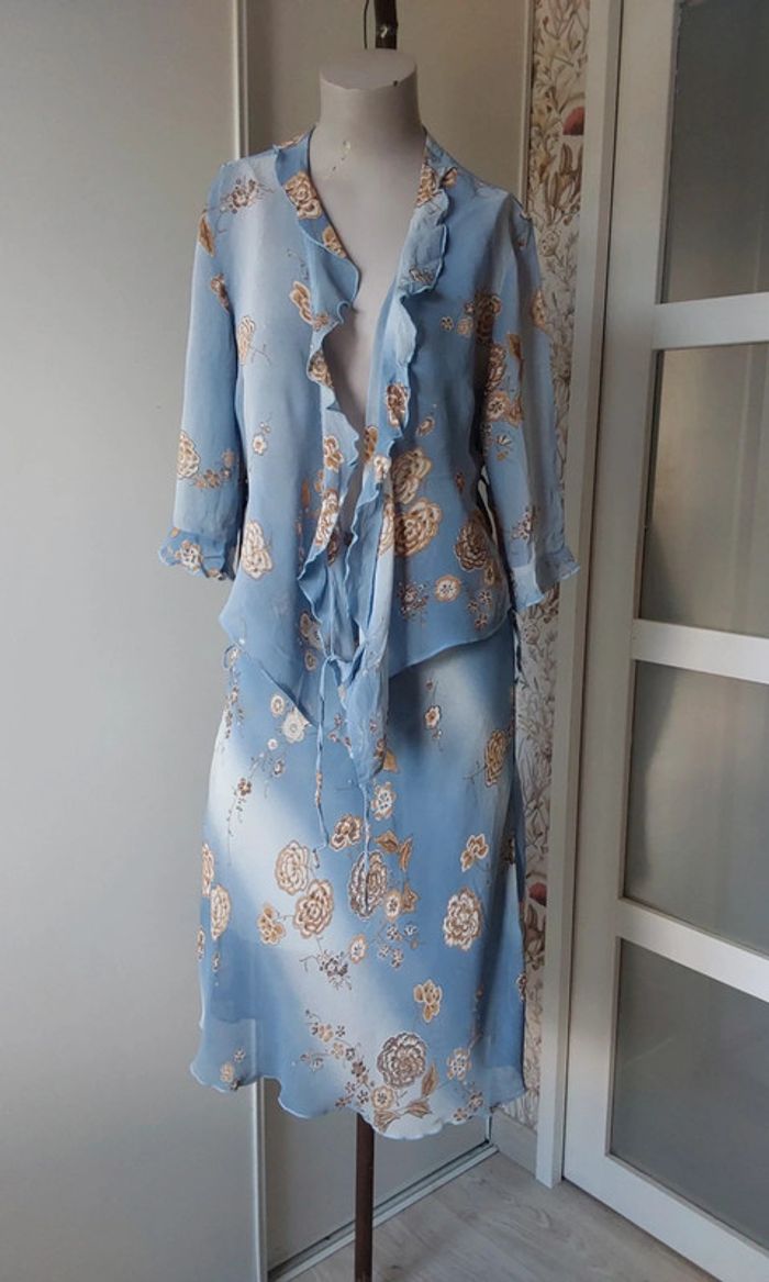 Superbe ensemble fluide Vintage bleu fleuri marron jupe et veste boléro T40