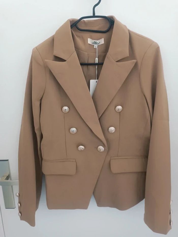 Veste blazer tailleur marron habillé boutons dorés avec épaulettes Mochy Taille M Neuf étiquette - photo numéro 2
