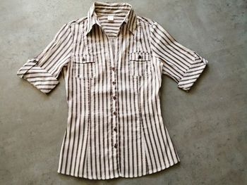 Chemisier manches courtes rayé crème et marron Taille 40 Camaïeu Neuf