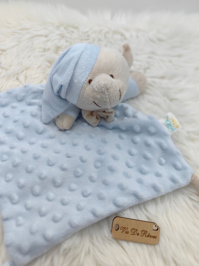 Doudou plat ours Beige Bleu clair InterBaby bonnet - photo numéro 2