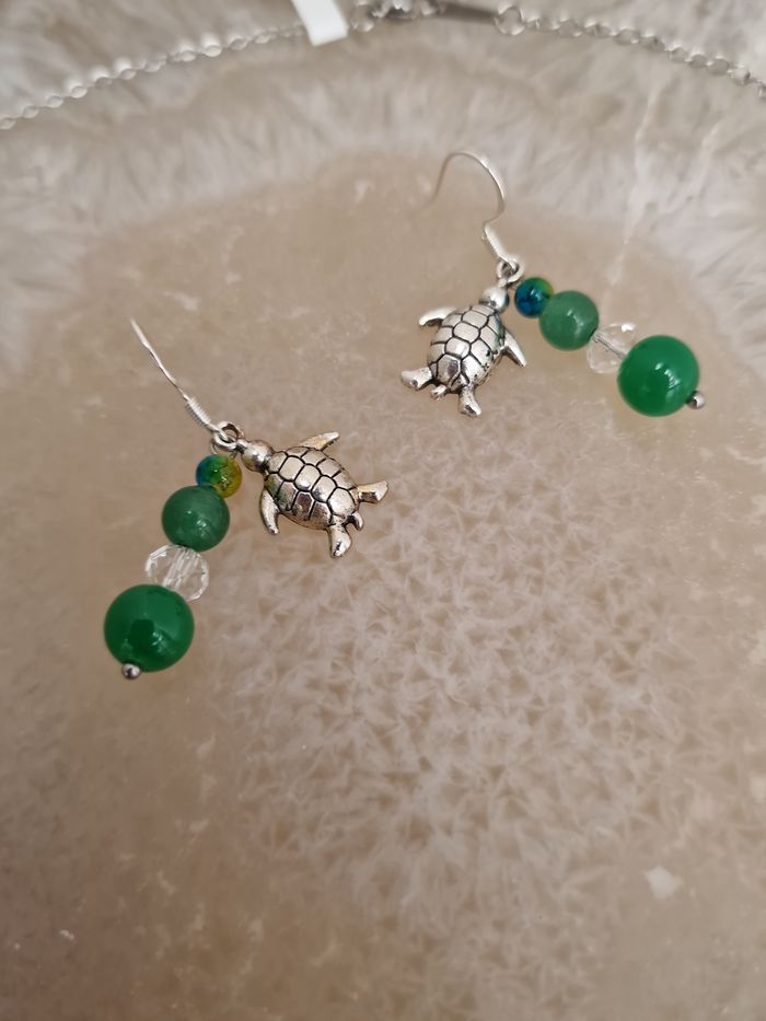 Parure Bijoux Acier Argenté Tortues Perles Jade Cristal - photo numéro 8