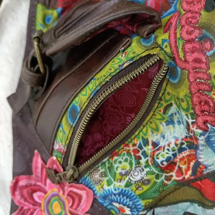 Sac Desigual multicolore brodé esprit patchwork anse marron S047 - photo numéro 3