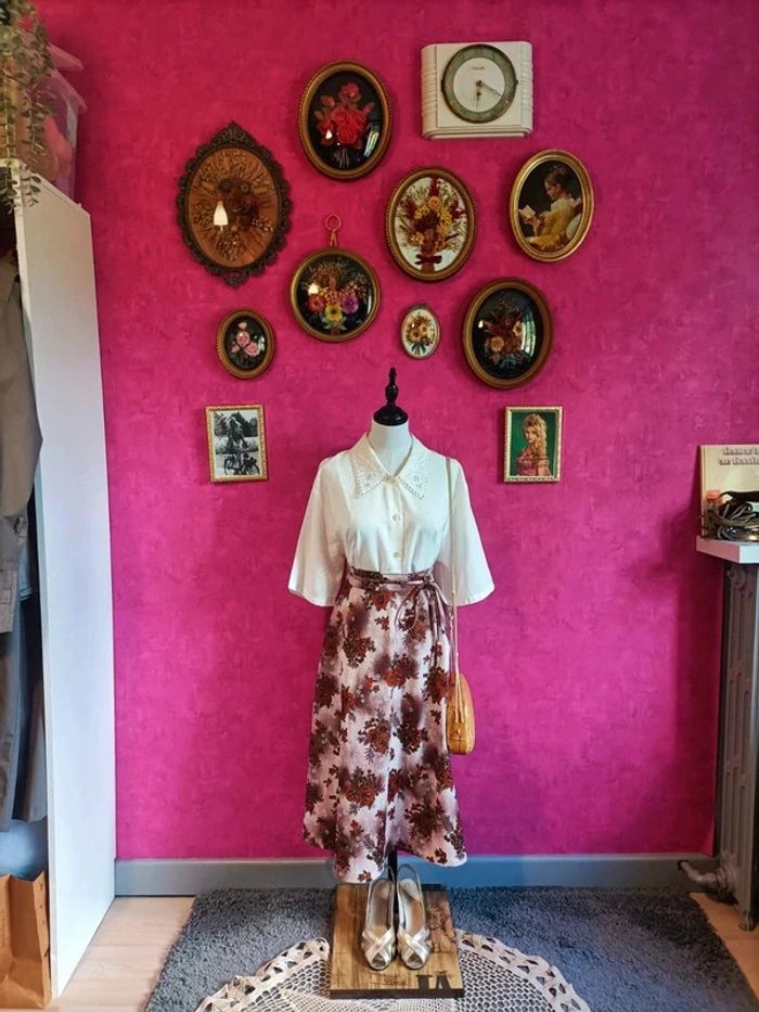 Jupe taille marquée style bohème fleurs vintage années 70 faite main taille 40